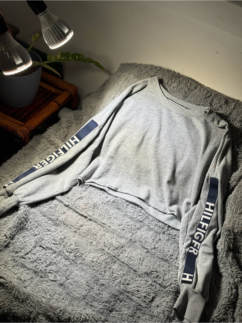 Tommy Hilfiger Cropped Gray Crewneck Long Sleeve with Navy Logo Sleeves